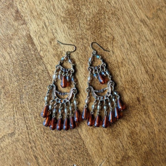 VINTAGE Boho Beaded Earrings Dangle Festival Gold Tone Embellished Accessories - Picture 5 of 7